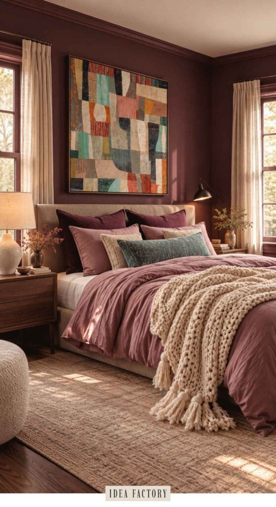 A bedroom featuring a bed with dark mauve bedding, a chunky cream knit throw blanket, and a large abstract geometric painting on the wall above the headboard.