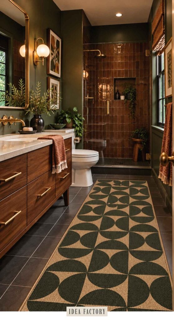 A bathroom with dark green walls, a wood vanity, and a glass-enclosed shower with brown tiles, featuring a geometric-patterned runner rug on the floor.