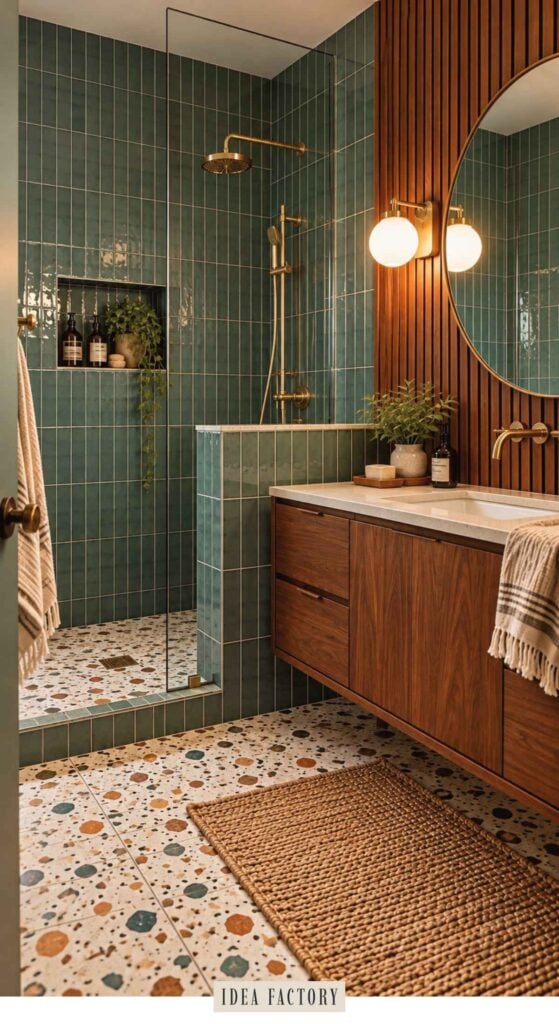 A bathroom with a walk-in shower featuring green tiles and brass fixtures, next to a wooden vanity with a circular mirror and terrazzo flooring.