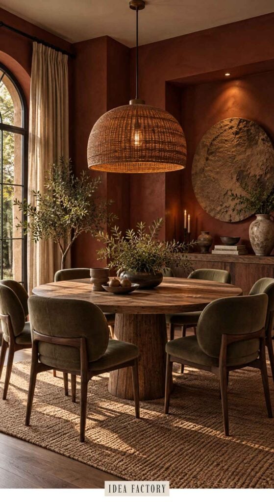 A round wooden dining table surrounded by four green upholstered chairs under a large woven pendant light, set in a room with terracotta-colored walls.