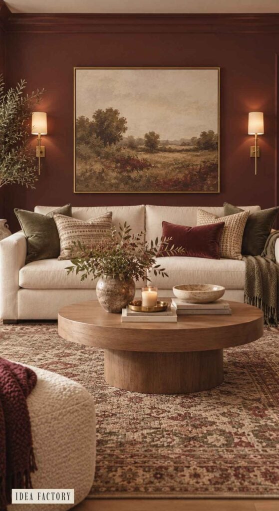 A cream-colored sofa with several throw pillows in front of a landscape painting on a dark red wall, with a round wooden coffee table in the foreground holding a vase, candle, and bowls.