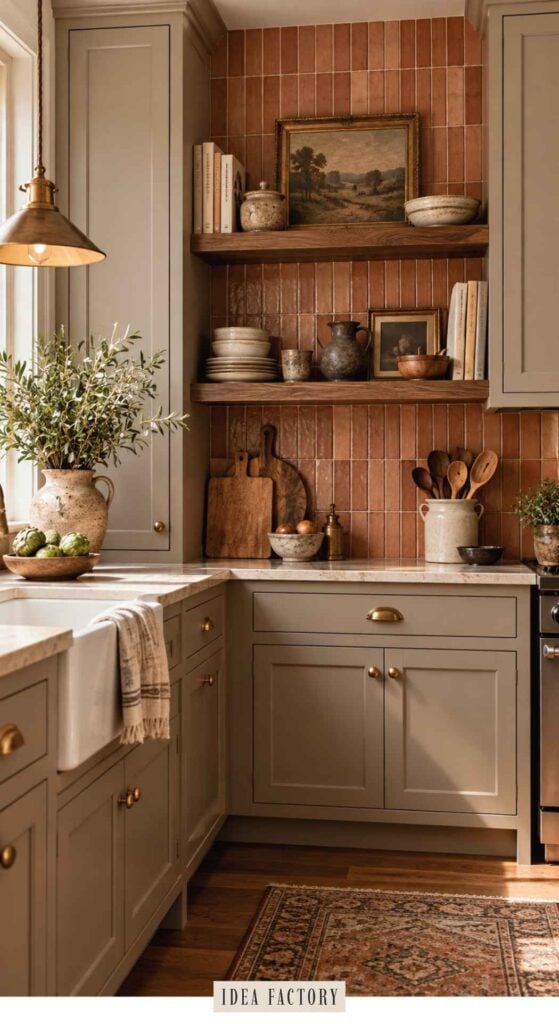 Kitchen corner featuring sage green cabinets, terra-cotta tile backsplash, and two wooden shelves holding dishes, art, and kitchen tools.