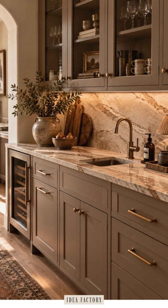 A kitchen wet bar featuring taupe cabinets, a marble countertop and backsplash, a bronze faucet, and a built-in wine refrigerator.