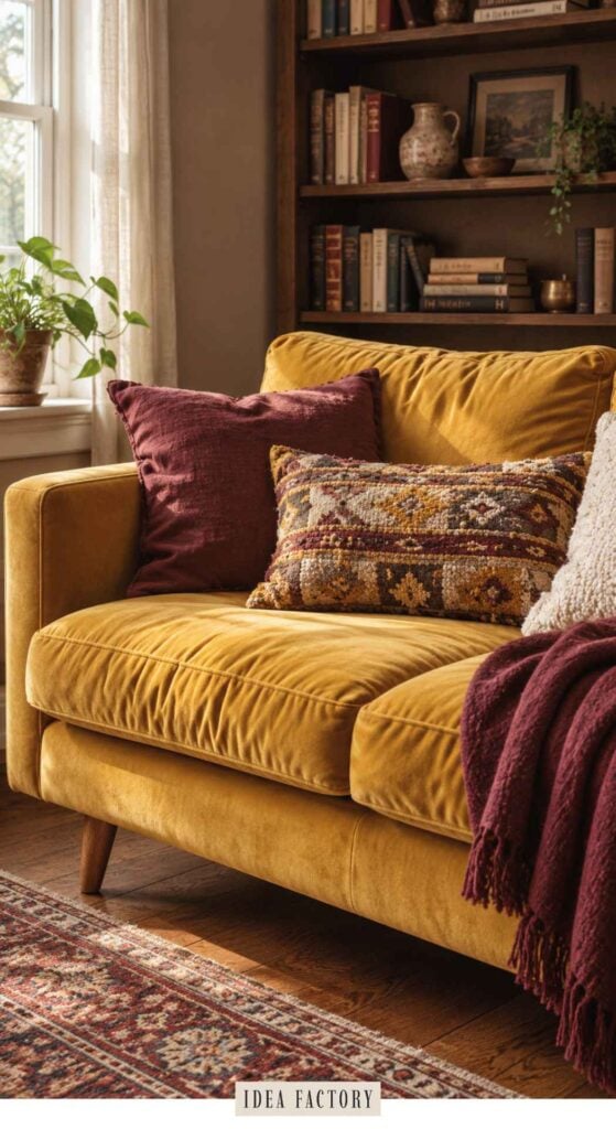 A mustard sofa in the living room holds a maroon pillow, a patterned lumbar pillow, and a draped maroon throw blanket, set against a bookshelf.