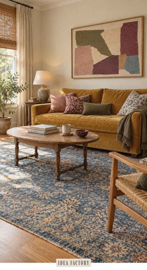 A mustard sofa in golden velvet with patterned pillows sits in a living room featuring an oval wooden coffee table and a blue floral rug.