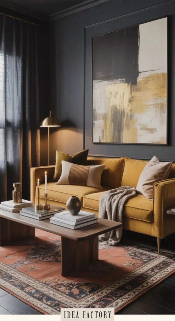 Mustard sofa in a dark-walled living room with decorative pillows, a throw blanket, a low wooden coffee table, and abstract art.