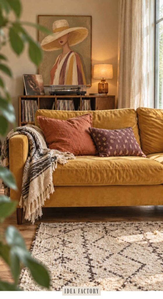 A mustard sofa in a living room with a patterned throw blanket and two accent pillows, positioned in front of a record player console with a painting of a woman in a wide-brimmed hat hanging above it.