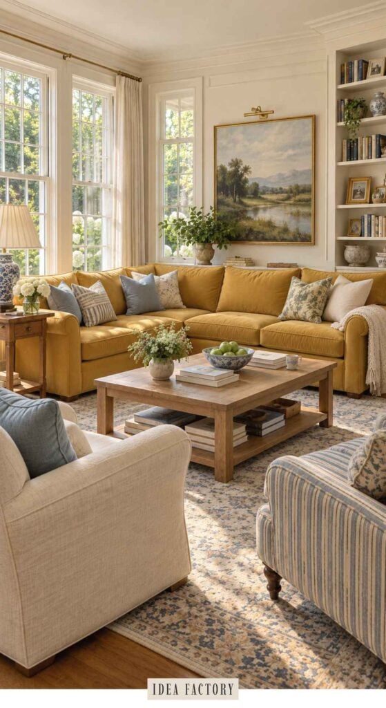 A cozy living room with a large mustard sofa sectional, a wooden coffee table holding a bowl of green apples, and two upholstered armchairs sitting on a patterned rug.