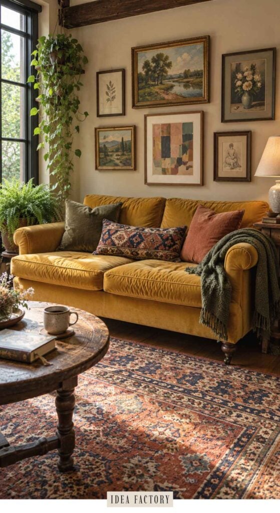 A mustard sofa in the living room sits on a patterned rug with decorative pillows and a throw blanket, set against a gallery wall of framed art.