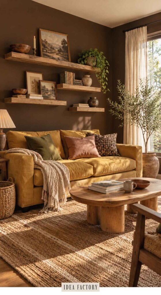 A mustard sofa with decorative pillows and a throw blanket sits in a living room with wooden floating shelves, a coffee table, and an indoor potted tree.