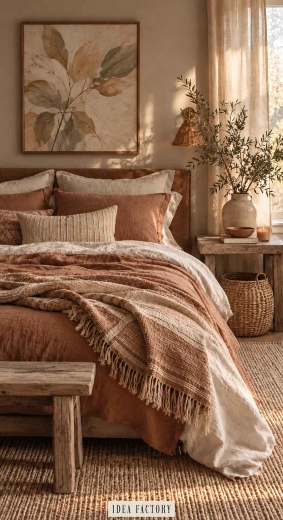 Bed with layered terracotta and cream bedding, a fringed throw blanket, and a leaf-themed wall art print.