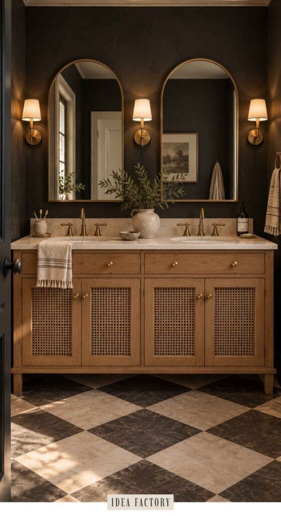 Double vanity with a light wood finish, cane cabinet doors, and two arched mirrors on a dark wall above a checkered floor.