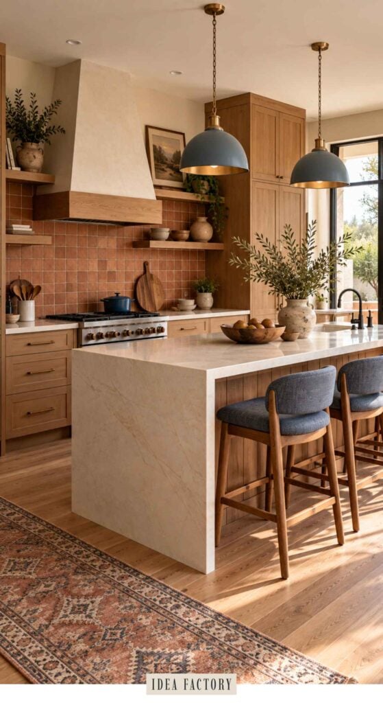 A kitchen showcasing earthy kitchen ideas, featuring a light stone island with two blue stools, a range with a wood-trimmed hood, and a brown tiled backsplash.