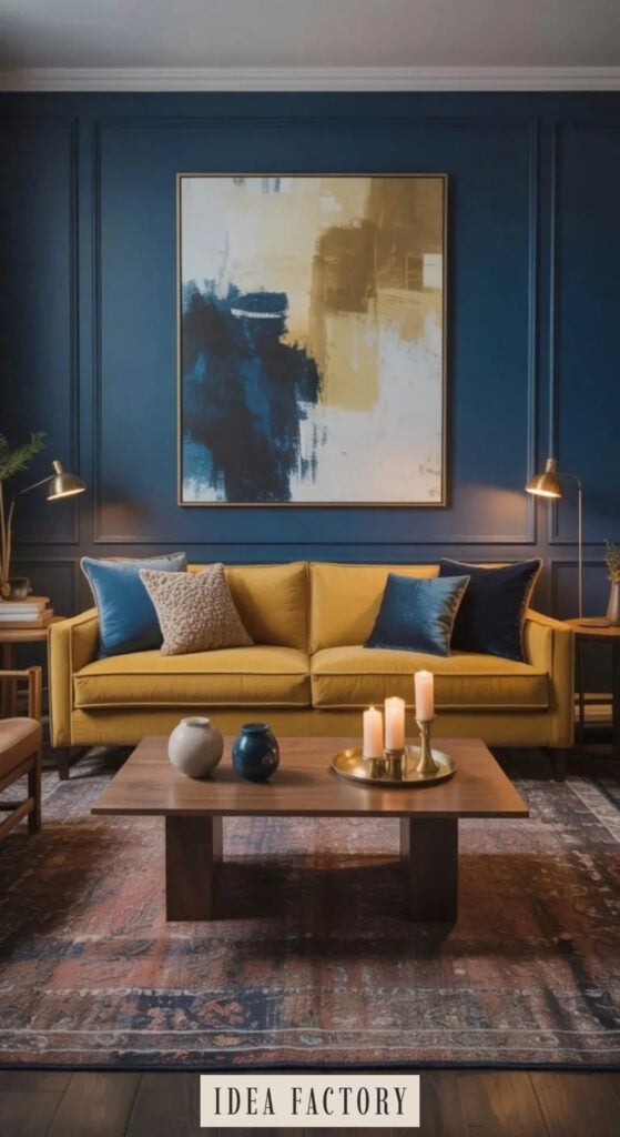 A mustard sofa living room features a yellow sofa with blue pillows in front of a blue wall with a large abstract painting, while a wooden coffee table sits in the foreground.