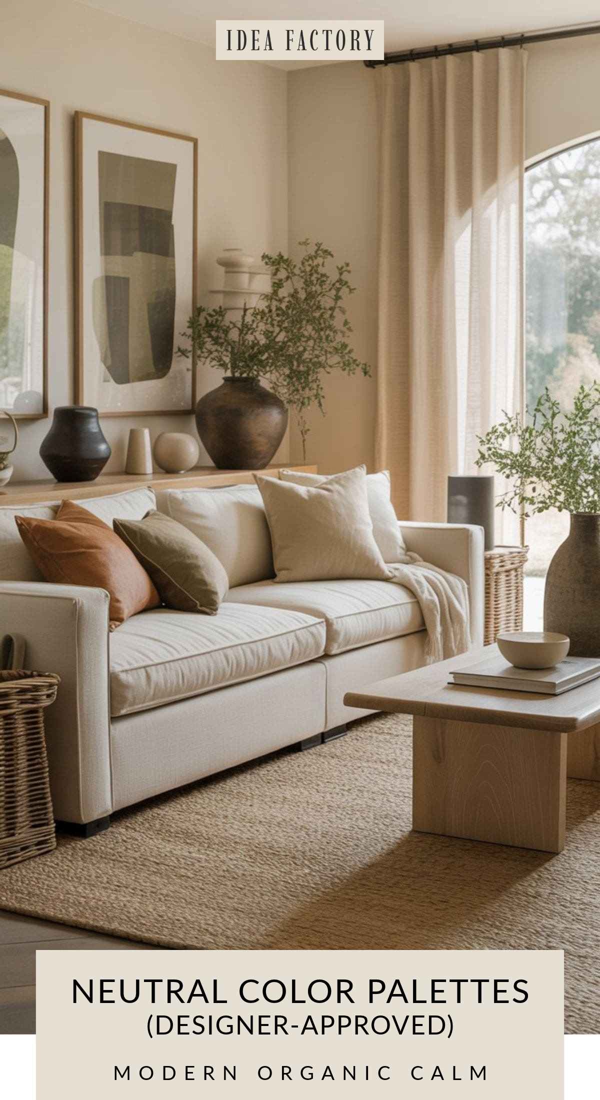Living room with a neutral-toned sofa, wood coffee table, and abstract art, with text reading Idea Factory: Neutral Color Palettes (Designer-Approved), Modern Organic Calm.