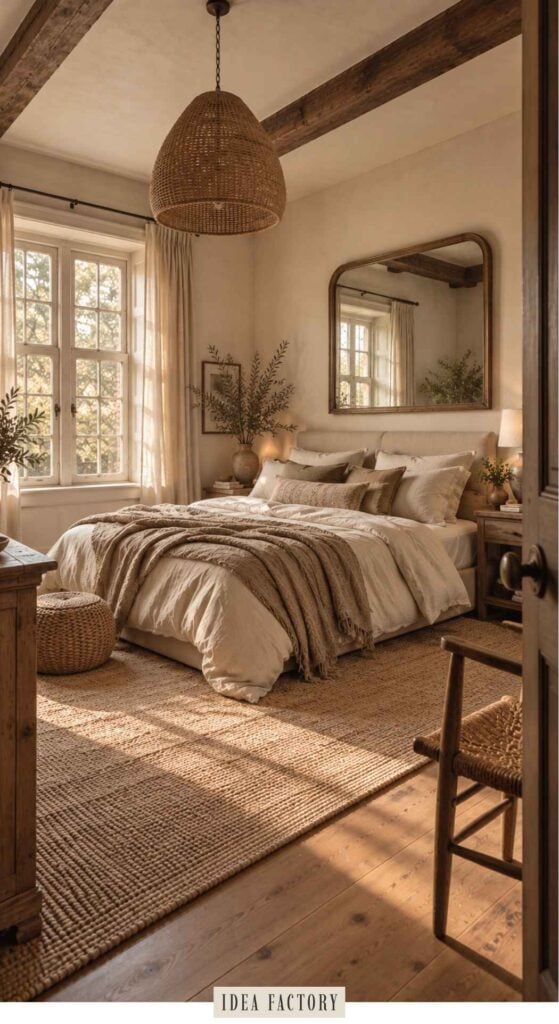 A bright bedroom featuring a queen bed with neutral linens, a large woven pendant light, and a floor-length mirror, viewed through an open doorway.