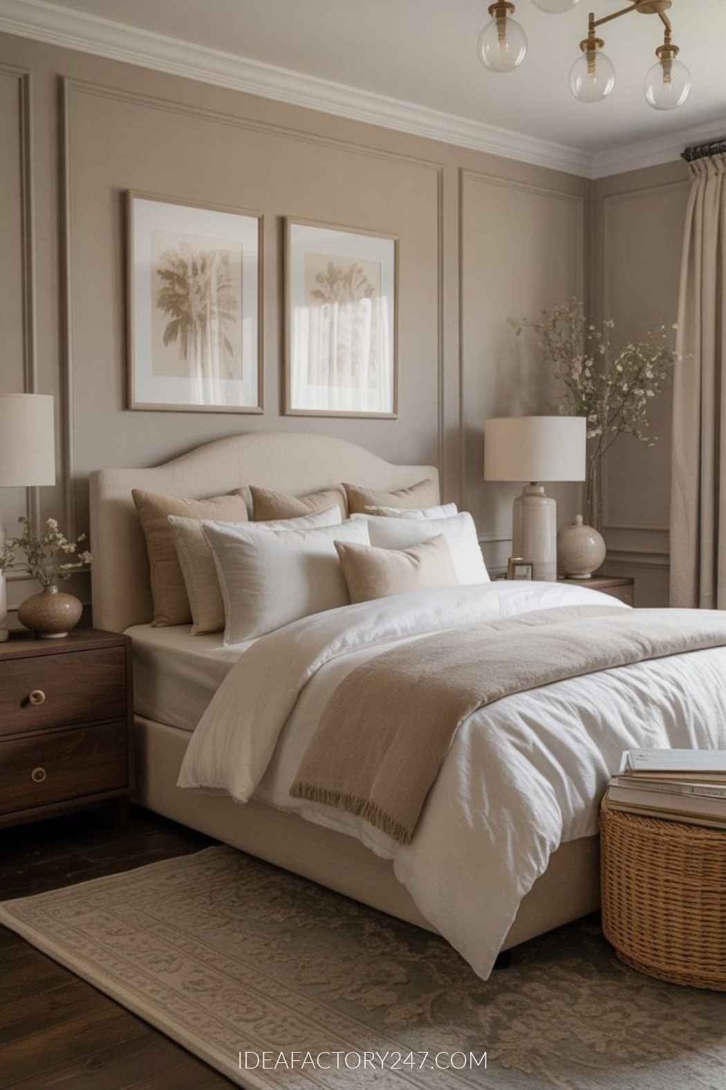 A neutral-toned bedroom featuring an upholstered bed with white bedding, two framed botanical prints, and matching bedside lamps.