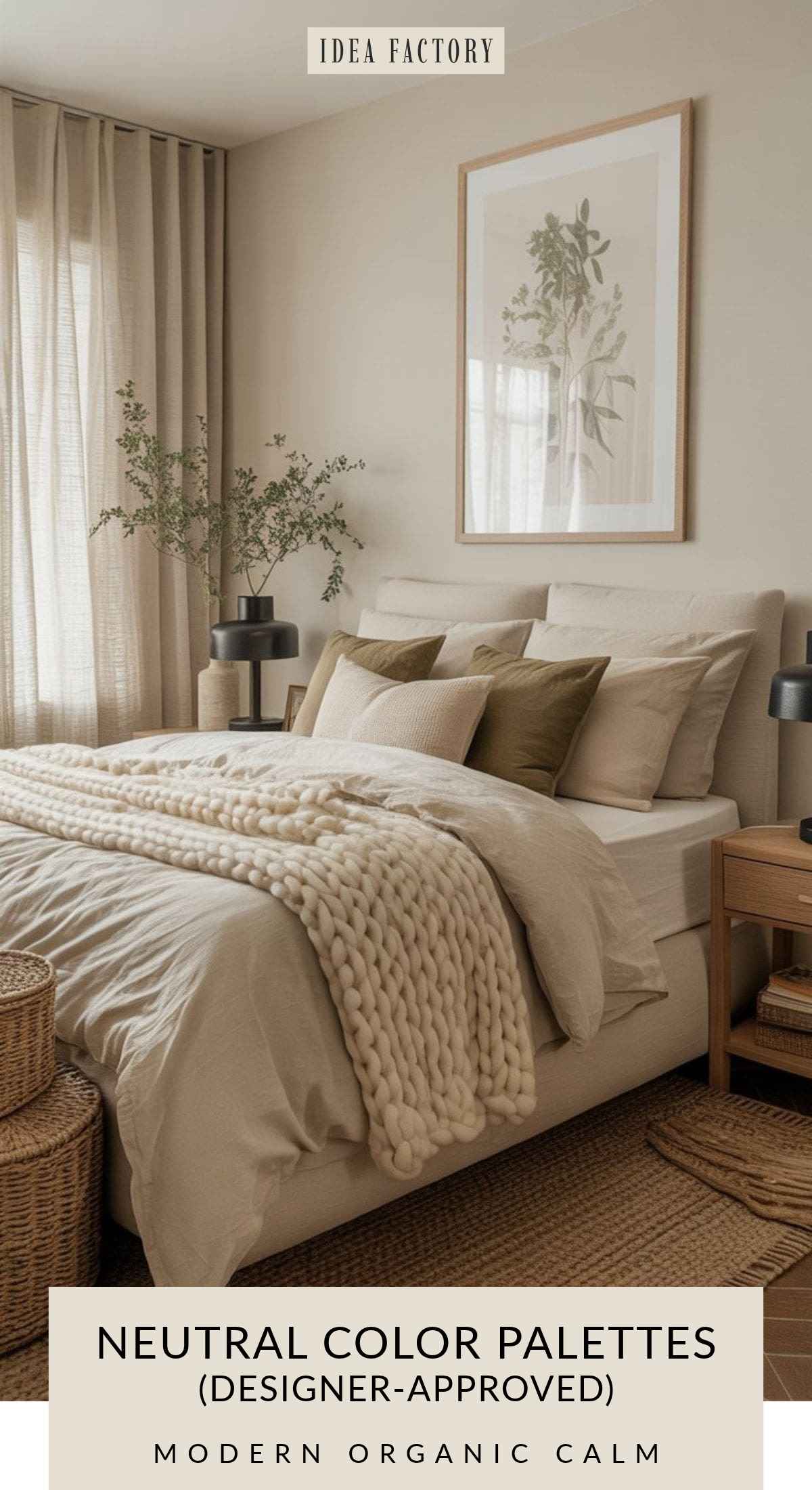 A bedroom with an upholstered bed, layered neutral bedding, a chunky knit throw, and botanical wall art, with text reading Neutral color palettes (designer-approved) and Modern organic calm.