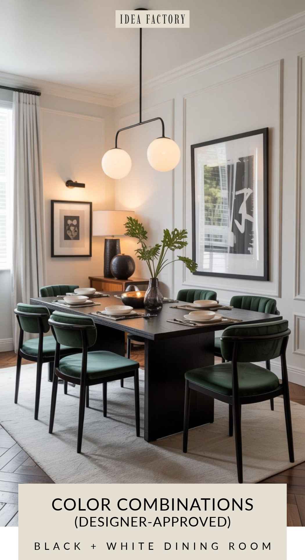 Dining room with a black rectangular table and six green chairs under a modern globe pendant light, with framed abstract art on the walls and text overlay reading Color Combinations (Designer-Approved) Black + White Dining Room.