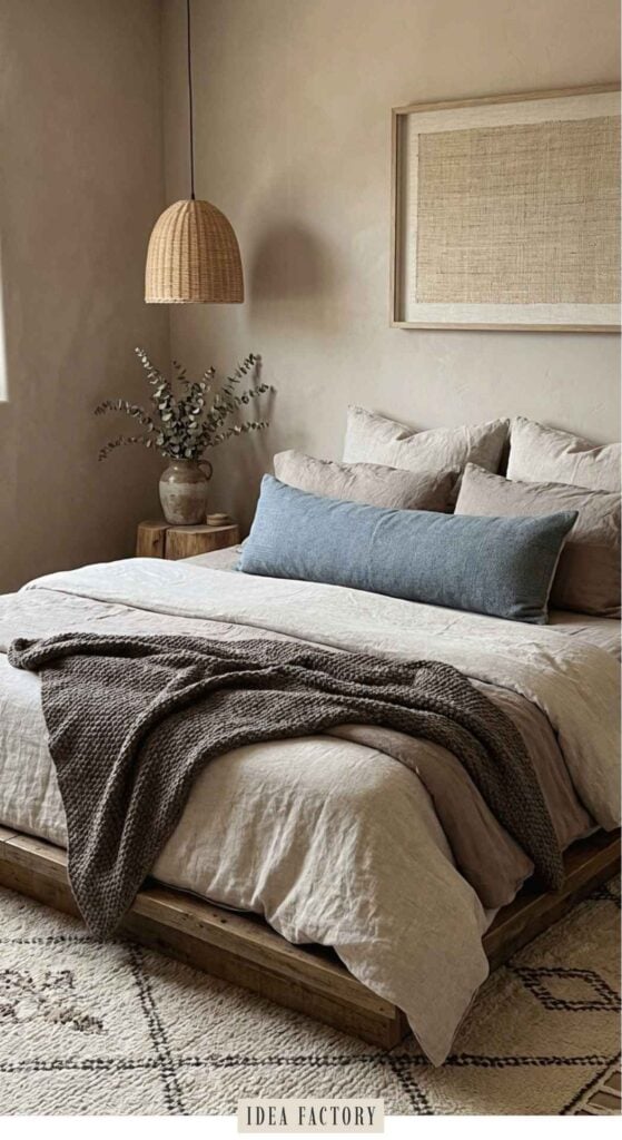 A made bed with neutral bedding, a blue lumbar pillow, and a dark knit throw blanket, featuring a woven pendant light and a vase with branches on a wooden side table.