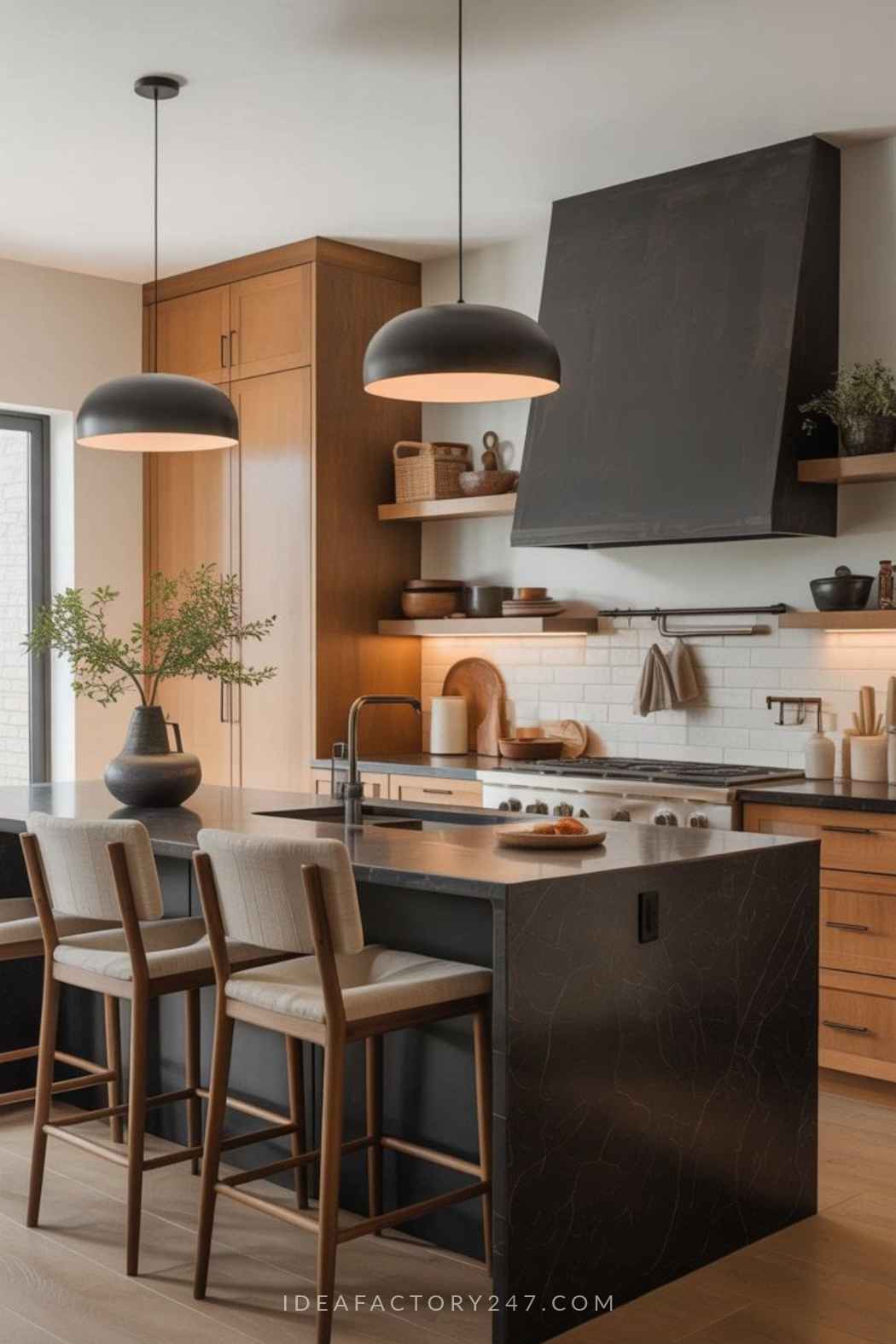 Modern kitchen featuring a dark stone island with two bar stools, a black range hood, light wood cabinets, and white tiled backsplash.