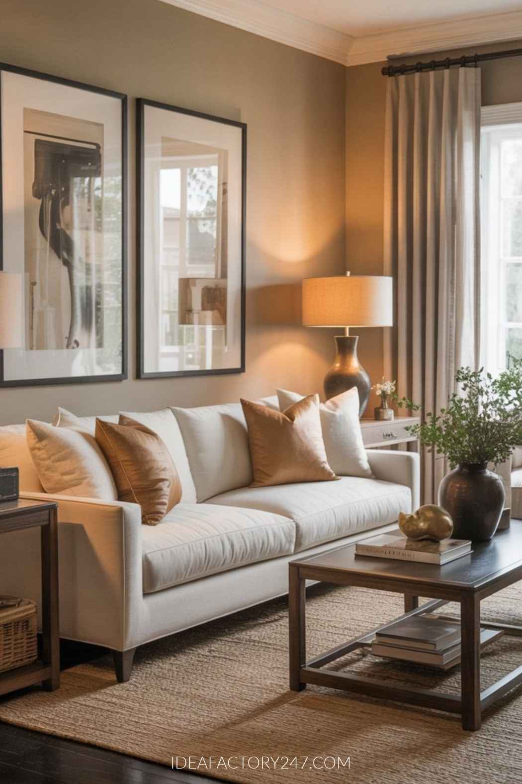 A living room with a beige sofa, two framed black and white abstract prints, a coffee table with a decorative bowl, and a table lamp.