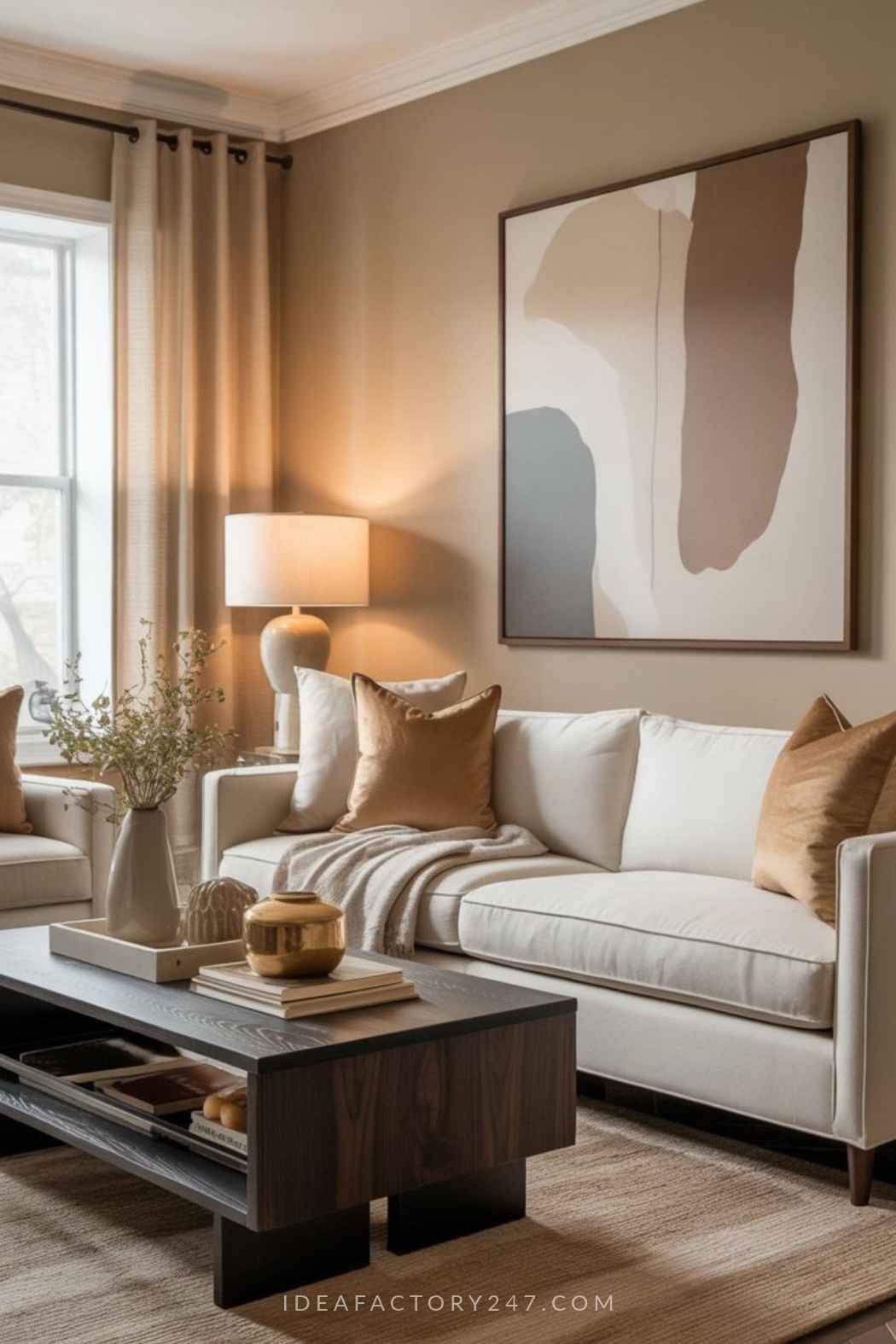 A cream-colored sofa with velvet pillows sits in front of a neutral-toned abstract painting in a living room.