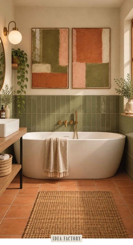 A freestanding white bathtub set against a green tiled wall with two abstract paintings hanging above it.