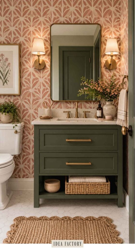 Bathroom vanity with a dark green cabinet, gold hardware, and a stone countertop, situated against a pink and white patterned wallpaper.