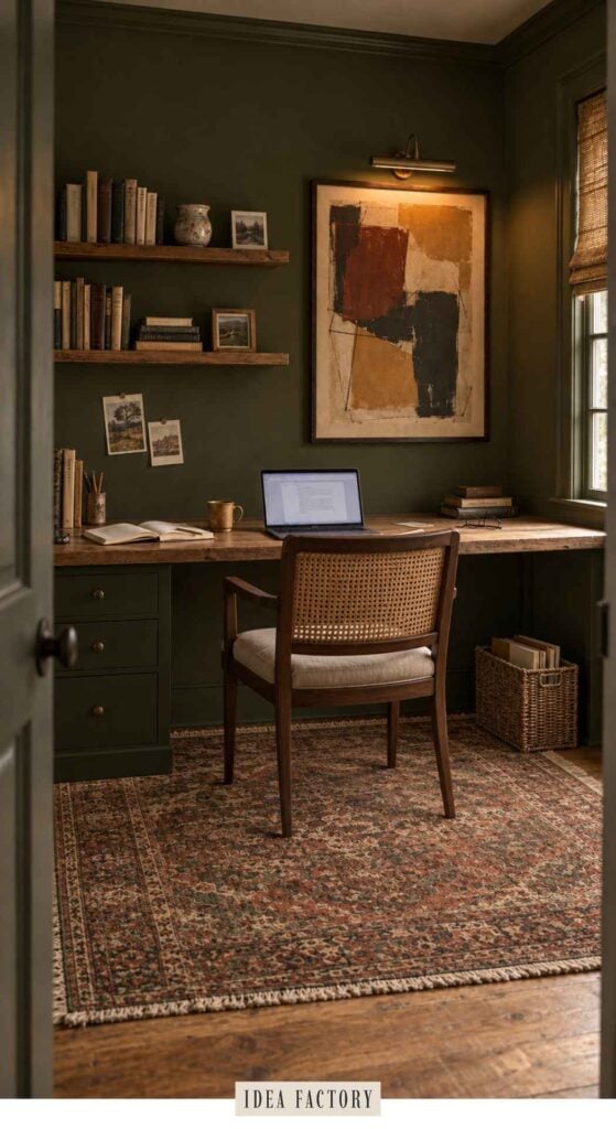 A home office featuring a wooden desk against dark green walls, with shelves holding books and a chair with a cane back placed on a patterned rug.