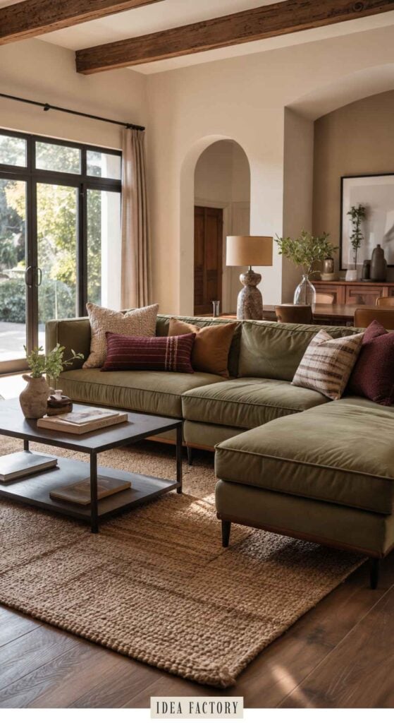 Olive green sectional sofa with decorative pillows, placed on a textured area rug in a living room with a coffee table.