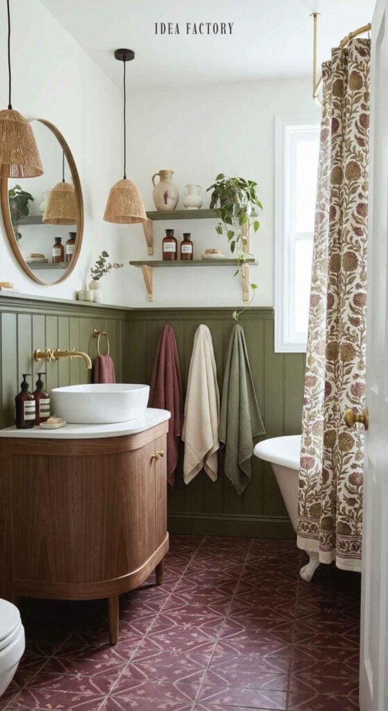 Bathroom with a wood vanity, vessel sink, green wainscoting, and a clawfoot tub with a floral curtain.