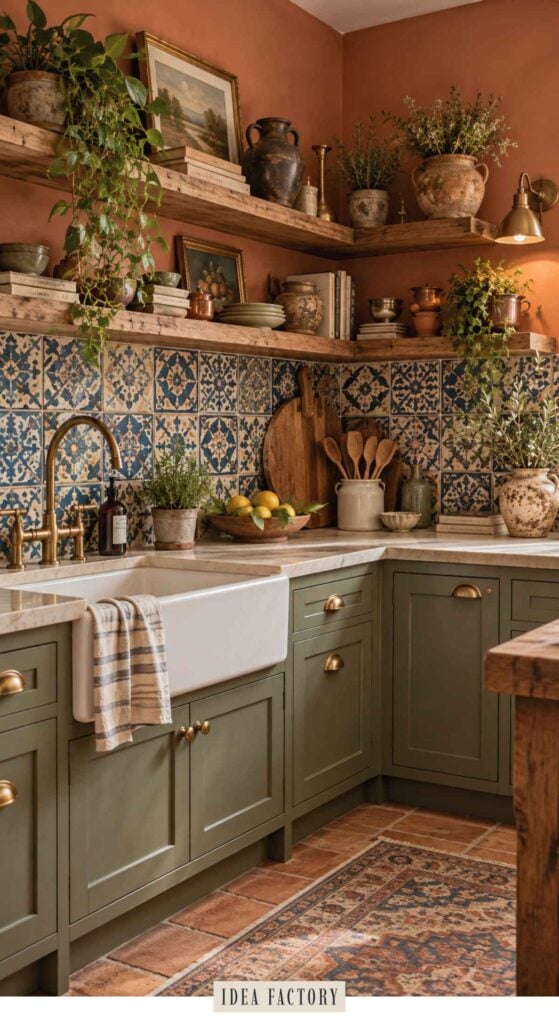 A kitchen featuring earthy kitchen ideas with sage green cabinets, a white farmhouse sink, patterned blue and white backsplash tiles, and open wooden shelving decorated with plants, pottery, and books.