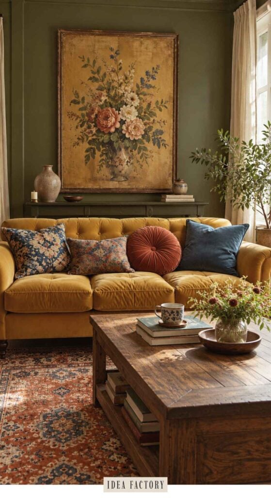 A mustard sofa sits in a living room, featuring tufted cushions and an assortment of patterned and solid throw pillows in front of a botanical painting and wooden coffee table.