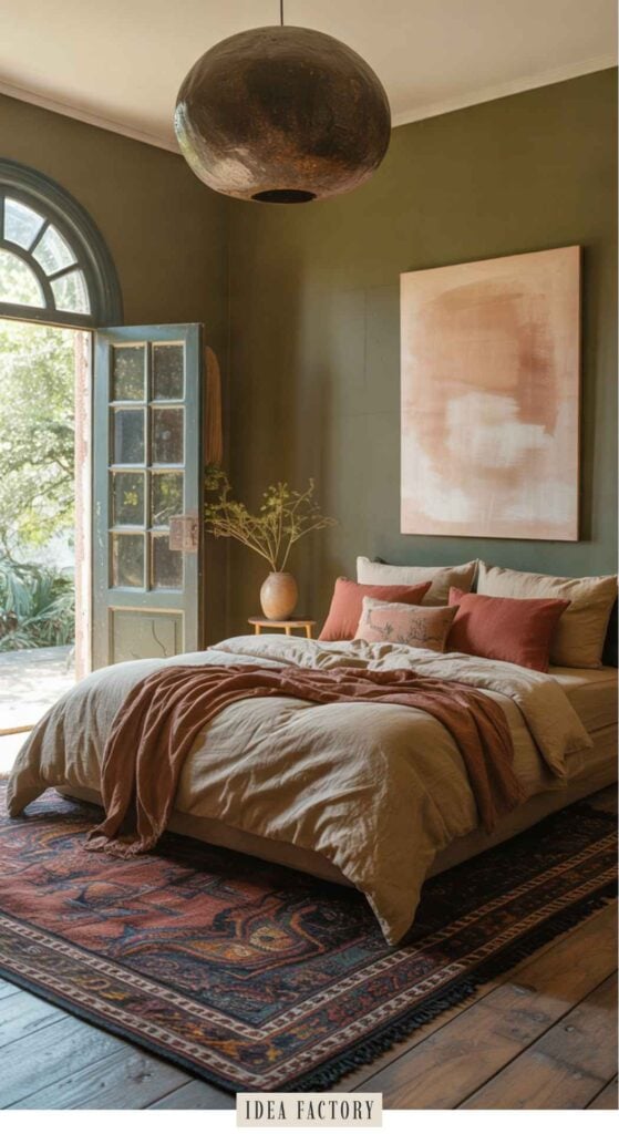 A bed with linen bedding and terracotta pillows centered in a room with olive green walls, a large abstract painting, and a patterned rug.