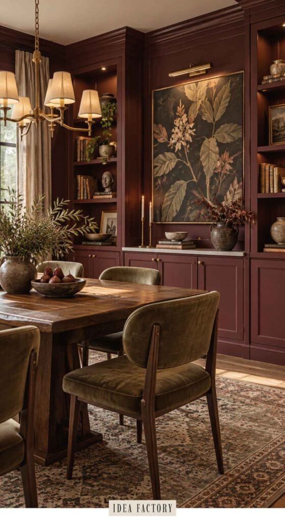 A dark red dining room featuring a wooden table with upholstered chairs, built-in shelving, and a large botanical painting.