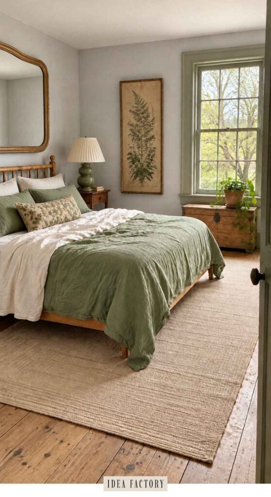 A bedroom featuring a bed with sage green bedding, a framed botanical print on the wall, a window with a view of trees, and a wooden chest.