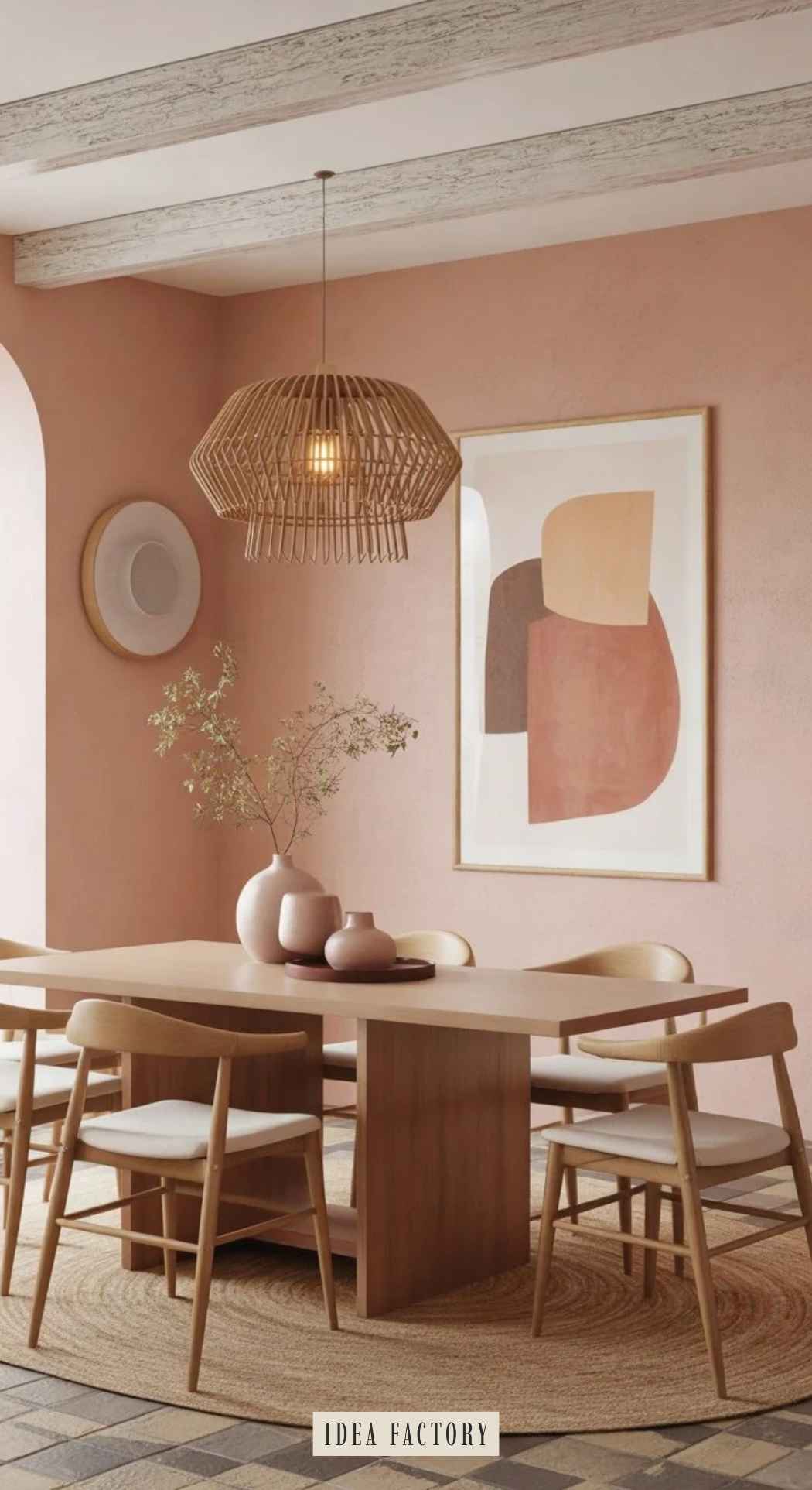 Dining room with a light wood table, four chairs, and a slatted pendant light against pink walls decorated with a circular mirror and an abstract art print.