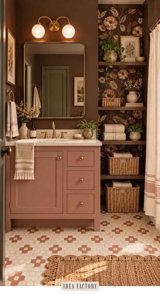 Bathroom with a dusky rose vanity, floral wallpapered shelving, and hexagonal tile flooring.