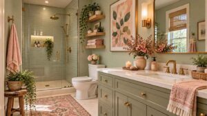A modern pink and green bathroom with sage cabinetry, a marble countertop, a glass-enclosed shower with green tiles, and a patterned rug on the floor.