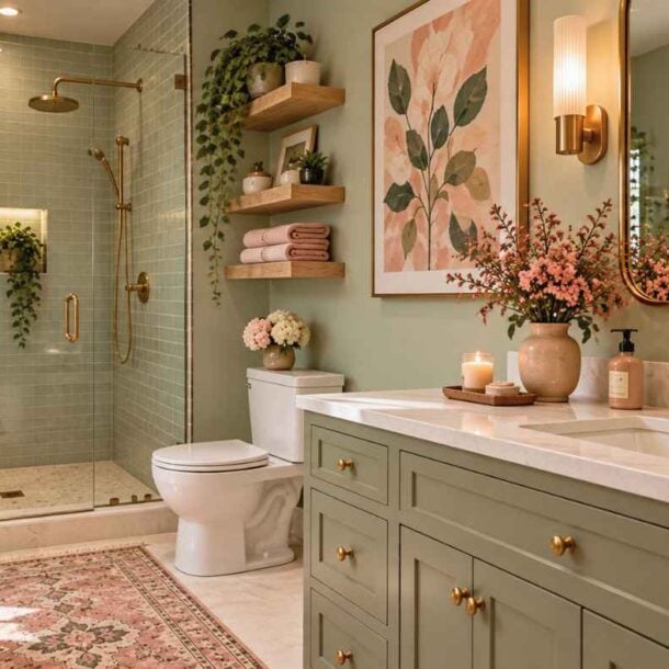 A modern pink and green bathroom with sage cabinetry, a marble countertop, a glass-enclosed shower with green tiles, and a patterned rug on the floor.