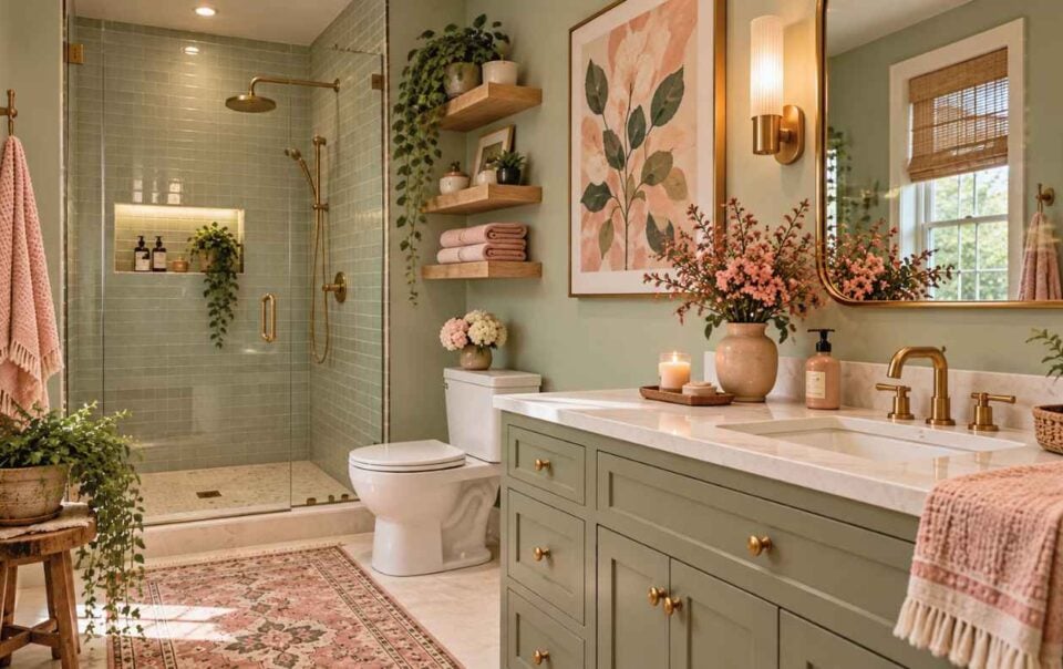 A modern pink and green bathroom with sage cabinetry, a marble countertop, a glass-enclosed shower with green tiles, and a patterned rug on the floor.