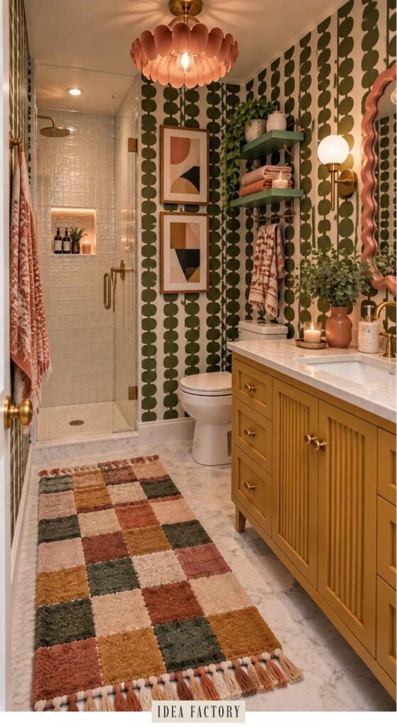 A bathroom with mustard-yellow cabinetry, green-and-white patterned wallpaper, a glass-enclosed shower, and a checkered, multicolored tassel rug on a marble floor.