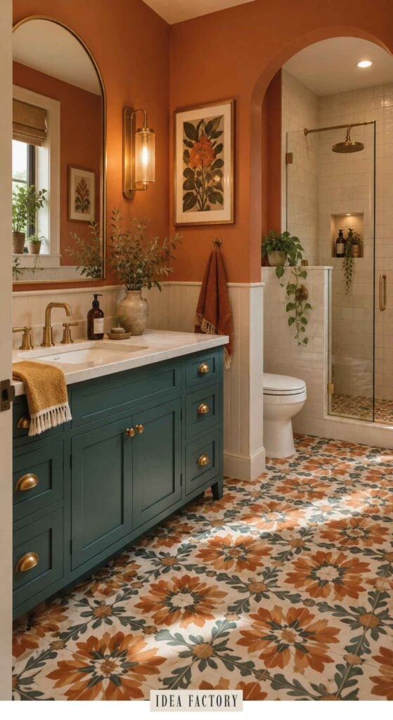 A bathroom with a dark green vanity, terracotta walls, and floral patterned floor tiles, featuring an arched shower entry and a gold-framed mirror.