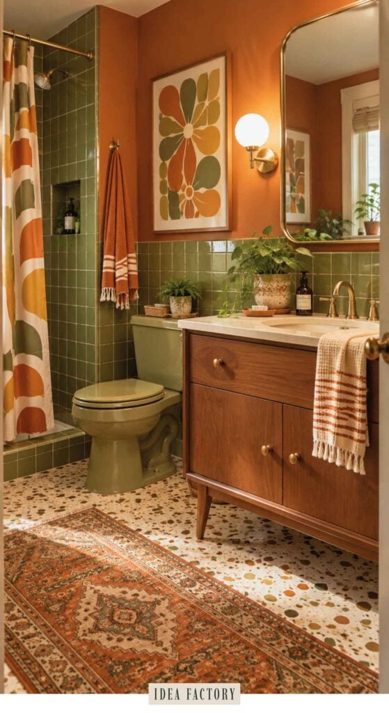 A bathroom with green tiled walls, an olive green toilet, a mid-century modern wooden vanity, and a patterned rug on a terrazzo floor.