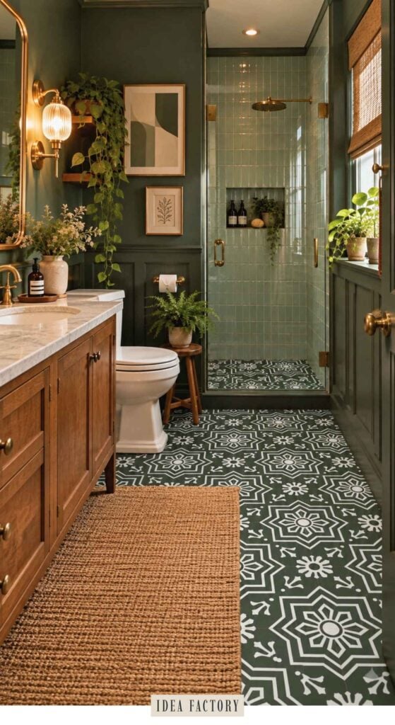 Bathroom with dark green walls, a wooden vanity with a marble countertop, and a walk-in shower with sage green tiles, featuring a patterned green and white floor.