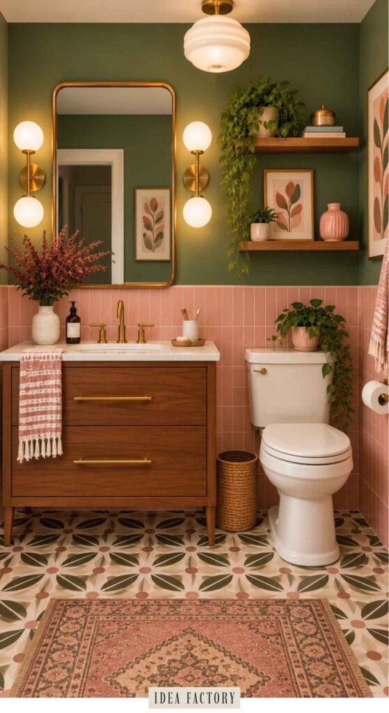 Bathroom with a wooden vanity, white toilet, pink tiled walls, and green upper walls, featuring gold fixtures and patterned floor tiles.