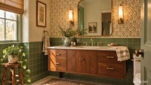 A bathroom vanity with wood drawers and a white countertop, featuring green tile wainscoting and floral wallpaper.