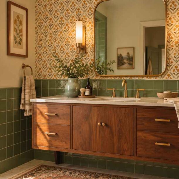 A bathroom vanity with wood drawers and a white countertop, featuring green tile wainscoting and floral wallpaper.