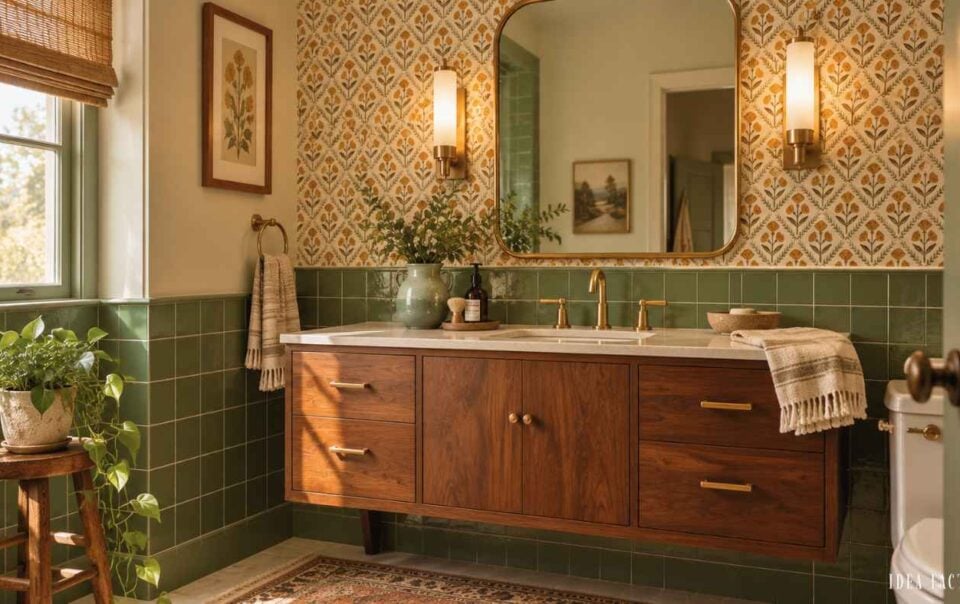 A bathroom vanity with wood drawers and a white countertop, featuring green tile wainscoting and floral wallpaper.